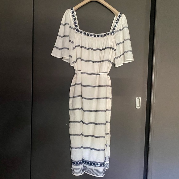NWT Tory Burch Embroidered Midi Dress, Linen Blend, Ivory & Navy, Size M - Picture 6 of 11
